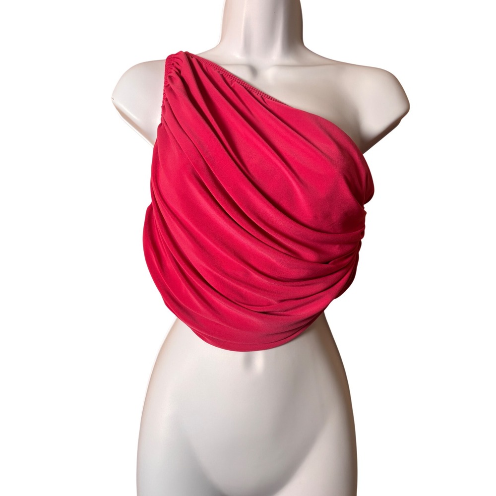 Norma Kamali One Shoulder Diana Crop Top S Pink Ruched Draped Glam Barbiecore